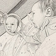 Callie joined the competition — help win amazing prizes! babies, infants, children, portrait, mirror, reflection, pencil_sketch, drawing, illustration, close_up, faces, curious, cozy, blanket, baby_clothing, lying_down, indoor, soft_lighting, siblings, cute