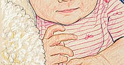 Callie joined the competition — help win amazing prizes! baby, infant, child, portrait, face, smiling, blue_eyes, pink_clothing, striped_shirt, blanket, knitted_blanket, cozy, lying_down, hands, indoor, close_up, illustration_effect, textured, cute, family