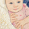 baby, blanket, blue_eyes, child, close_up, cozy, cute, face, family, hands, illustration_effect, indoor, infant, knitted_blanket, lying_down, pink_clothing, portrait, smiling, striped_shirt, textured