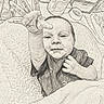 Callie is registered to the contest to win money with this photo: baby, infant, child, portrait, face, serious, lying_down, blanket, bed, indoor, pencil_sketch, grayscale, hand, raised_hand, clothing, short_sleeves, cozy, home, closeup, photography