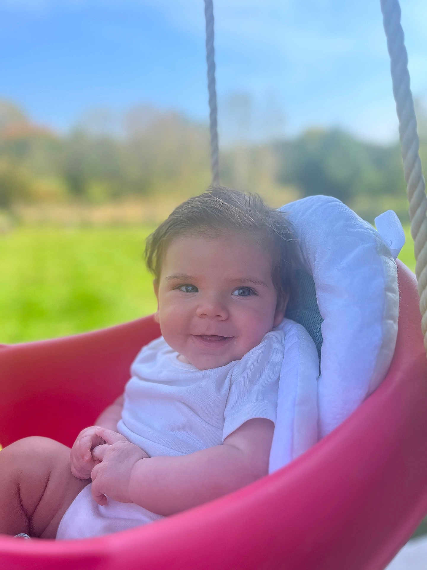 Kaden is registered to the contest to win money with this photo: baby, smile, swing, outdoor, child, white_clothing, blanket, red_swing, grass, blue_sky, happy, infant, nature, sunny, portrait, person, seat, rope, cute, young