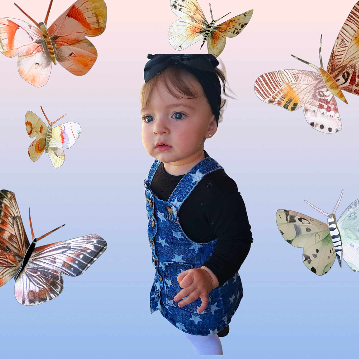 Alessi joined the competition — help win amazing prizes! black_shirt, blue_eyes, butterflies, child, cute, denim_dress, earrings, fashion, gradient_background, headband, innocence, outfit, playful, portrait, soft_lighting, standing, star_pattern, toddler, whimsical, young_child