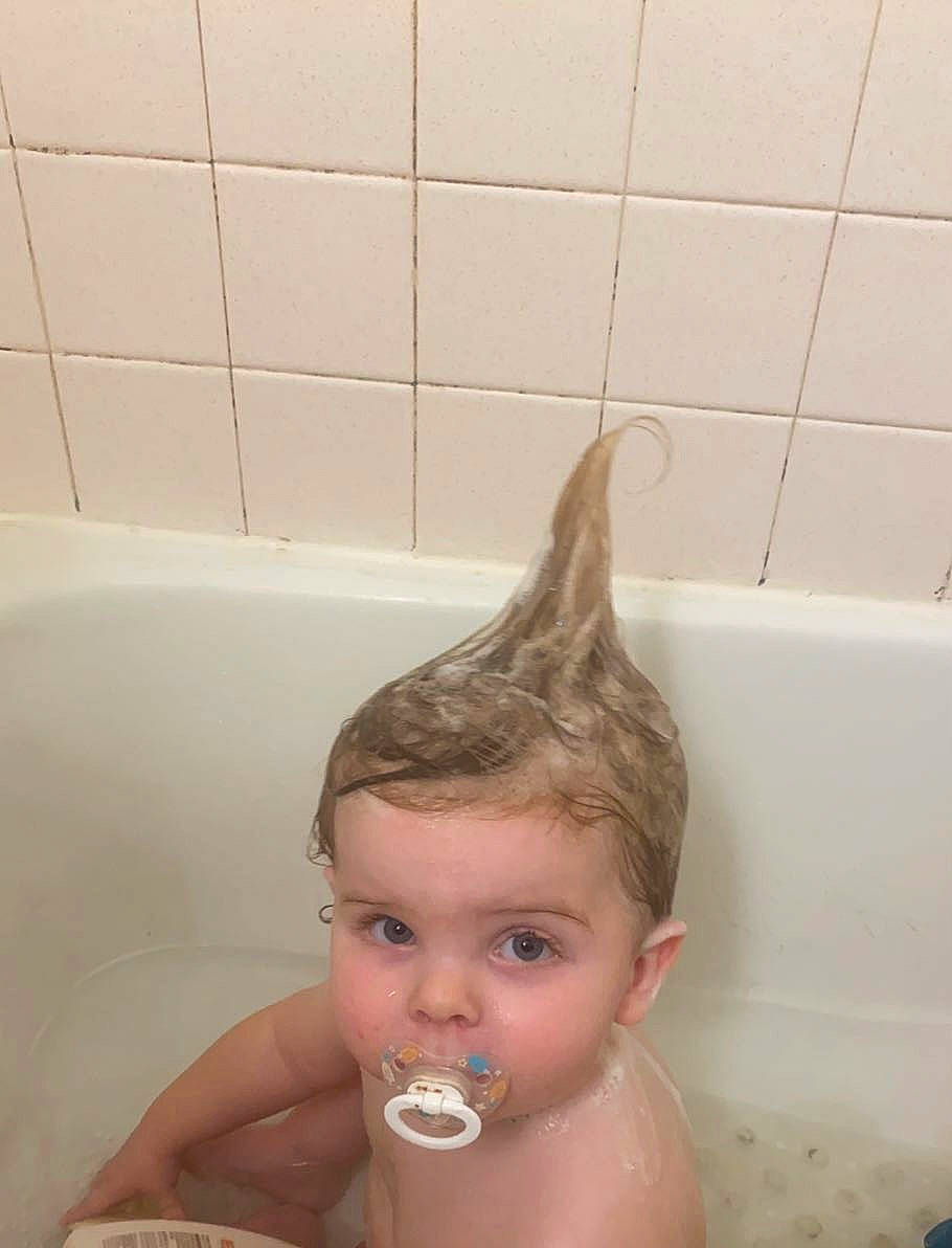 Jaxon is registered to the contest to win money with this photo: baby, baby_bathing, bathing, bathroom, bathtub, child, composite_material, flooring, fluid, foam, fun, head, person, personal_care, plumbing, plumbing_fixture, room, toddler, water