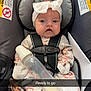 Rosemary is registered to the contest to win money with this photo: baby, bonnet, car, clothing, cushion, face, furniture, hat, head, homedecor, hosiery, lifejacket, person, photography, portrait, sleeping, sock, transportation, vehicle, vest