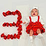 baby, child, red_dress, white_headband, roses, number_two, milestone, celebration, smiling, lying_down, cute, festive, white_background, socks, puffy_sleeves, portrait, happy, flower_arrangement, infant, clothing