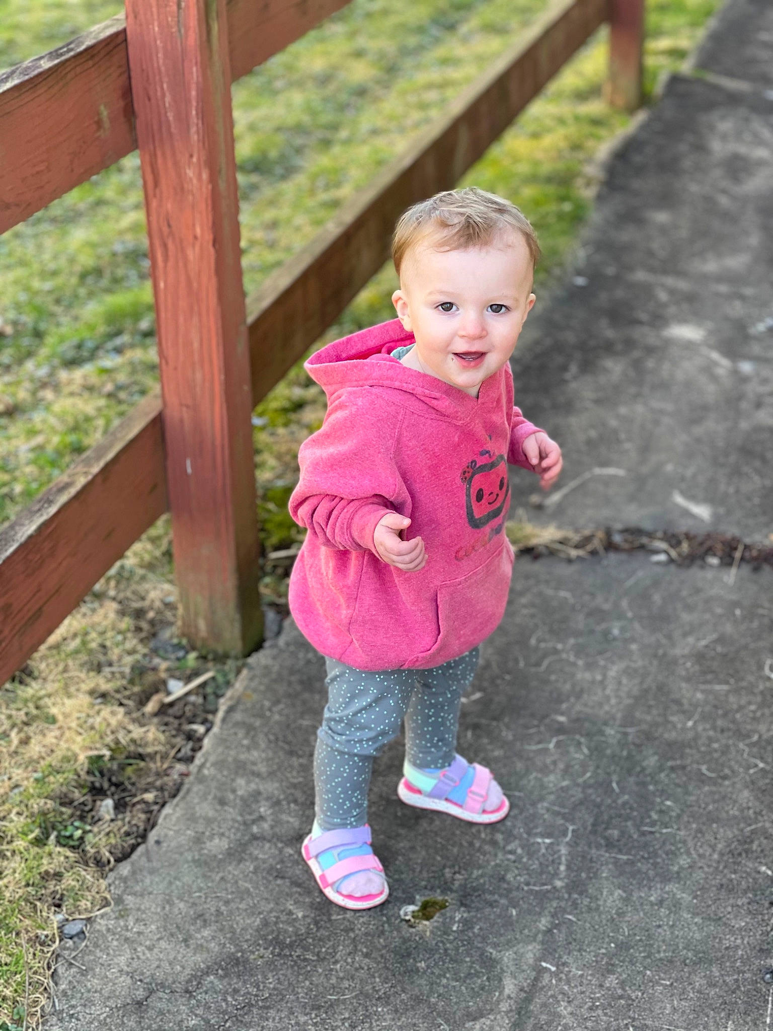 Rosalei joined the competition — help win amazing prizes! baby, baby_toddler_clothing, child, facial_expression, fun, garden, grass, happy, jacket, leisure, magenta, people_in_nature, person, pink, plant, recreation, skin, smile, toddler, tree