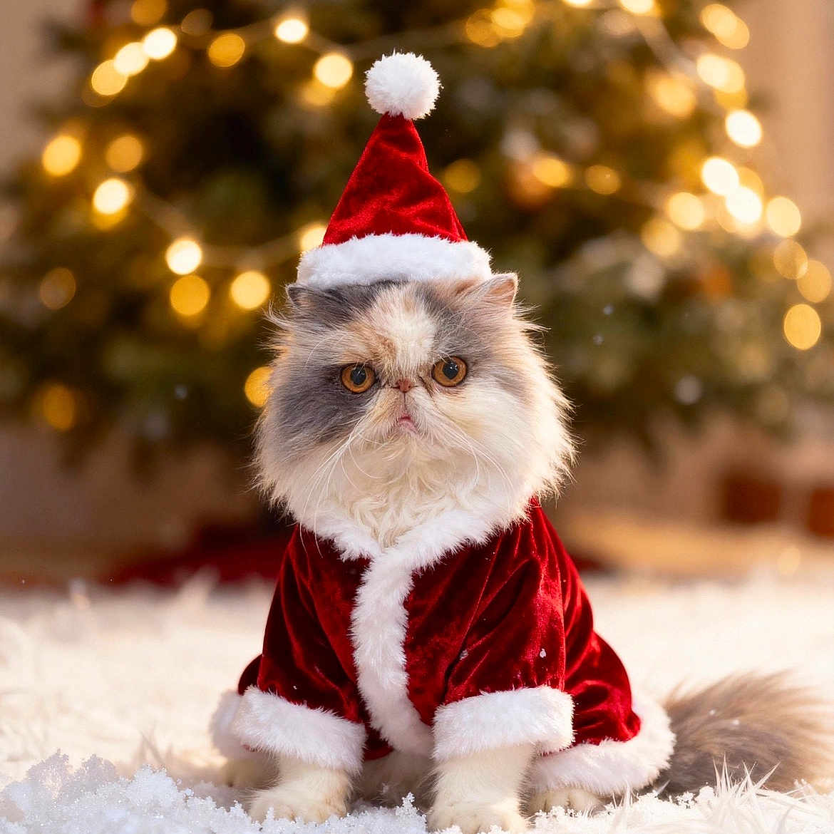 Mimiu is registered to the contest to win money with this photo: adorable, animal, cat, celebration, christmas_outfit, christmas_tree, costume, cute, festive, fluffy, furry, holiday, holiday_decor, indoor, lights, pet, santa_hat, seasonal, snow, white_carpet