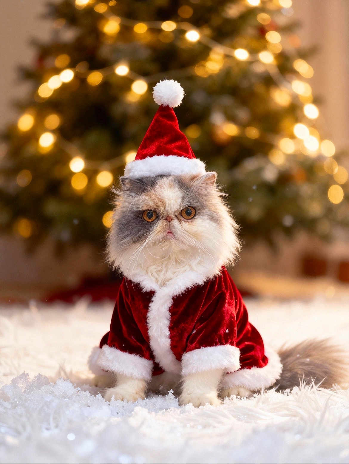 Mimiu is registered to the contest to win money with this photo: cat, santa_hat, christmas_outfit, holiday, festive, fluffy, white_carpet, snow, christmas_tree, lights, indoor, cute, pet, furry, costume, celebration, adorable, animal, holiday_decor, seasonal