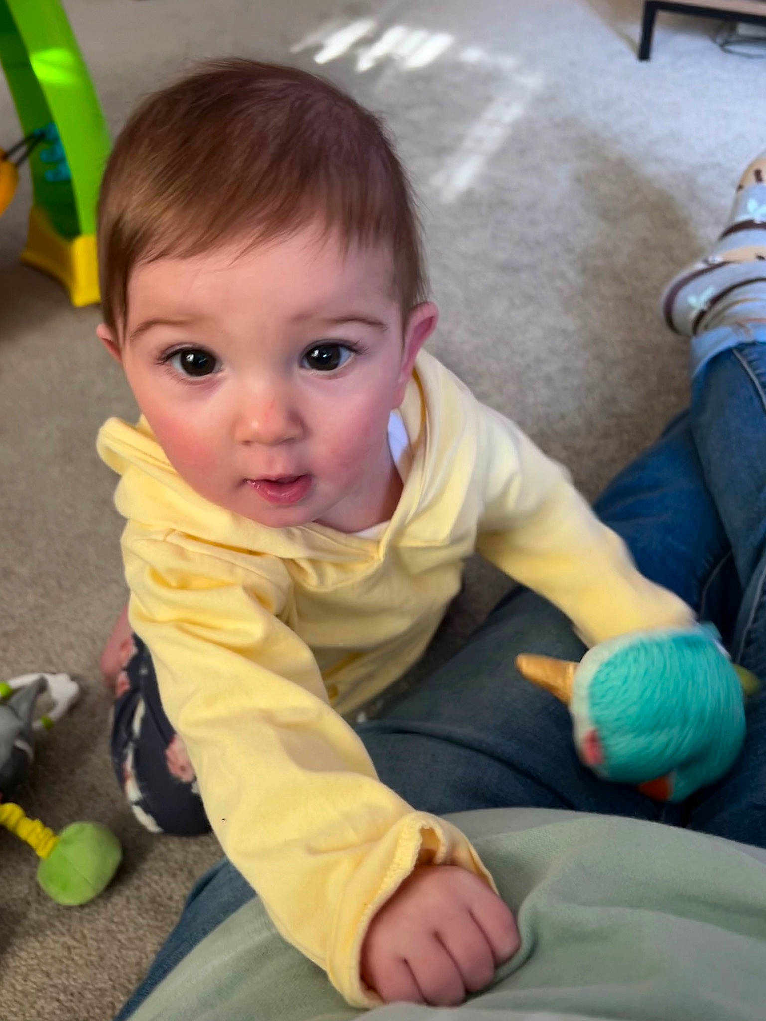 Zoë is registered to the contest to win money with this photo: baby, baby_toddler_clothing, cheek, comfort, face, facial_expression, finger, flooring, fun, green, hair, hairstyle, head, human_body, nose, person, skin, standing, surprise, toddler