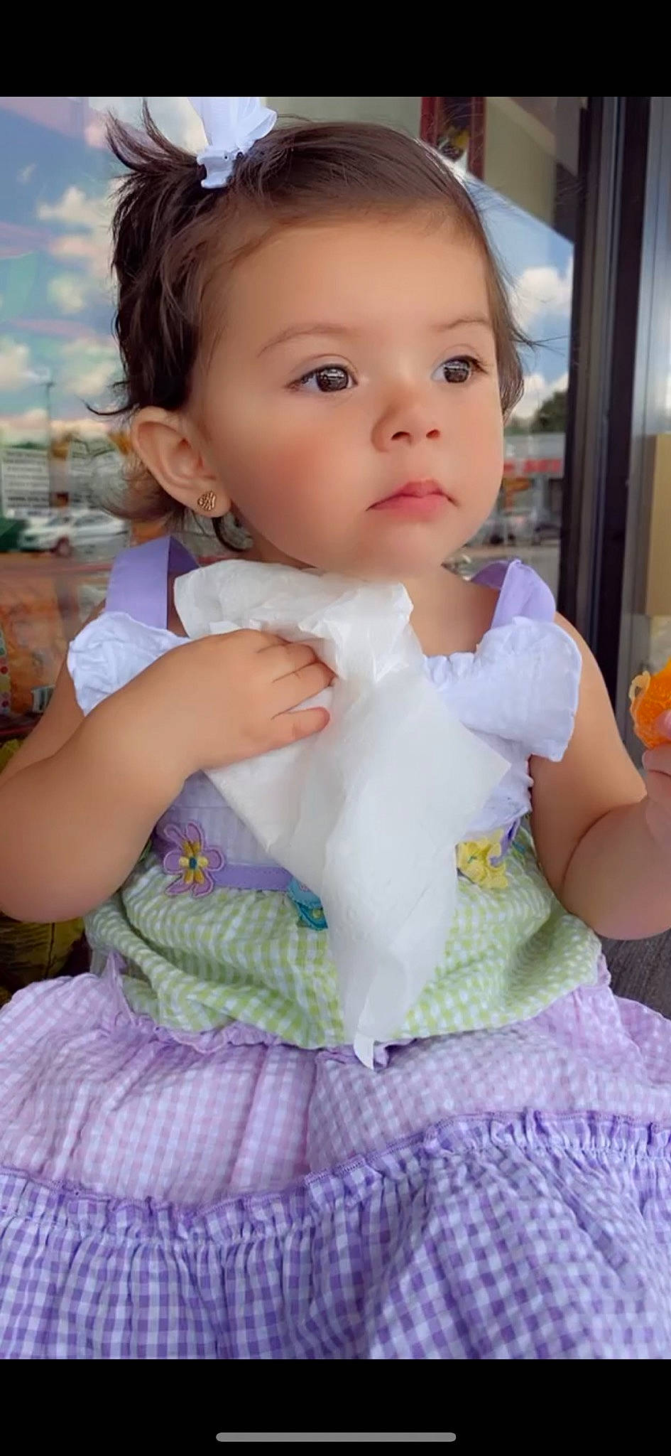 Alexa is registered to the contest to win money with this photo: baby, baby_products, baby_toddler_clothing, cheek, child, eyelash, fashion_accessory, fun, grass, hand, happy, iris, lip, pattern, person, pink, ruffle, sitting, skin, sleeve