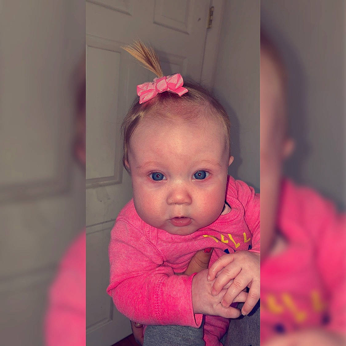 Jazelle joined the competition — help win amazing prizes! baby, cheek, child, chin, ear, eye, face, forehead, hair_accessory, head, iris, lip, magenta, person, pink, room, skin, smile, standing, toddler