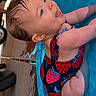 Madeline is registered to the contest to win money with this photo: baby, child, swimsuit, water, pool, splashing, happy, smiling, wet, indoors, floor, toy, blue, red, patterned, cute, summer, playing, sitting, face