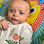 baby, infant, child, blue_eyes, face, hand, clothing, onesie, vegetable_patches, play_mat, colorful, yellow_character, cute, smiling, indoors, portrait, closeup, soft_lighting, expression, person
