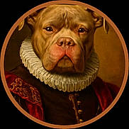 Vengeur participe au concours pour gagner de l'argent avec cette photo : animal_portrait, artistic, brown_fur, close_up, costume, decorative, dog, formal, gold_buttons, historical_style, majestic, noble, painting_style, portrait, red_clothing, renaissance, round_frame, ruffled_collar, serious_expression, vintage