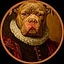 animal_portrait, artistic, brown_fur, close_up, costume, decorative, dog, formal, gold_buttons, historical_style, majestic, noble, painting_style, portrait, red_clothing, renaissance, round_frame, ruffled_collar, serious_expression, vintage