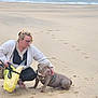 beach, blonde_hair, casual_clothing, daytime, dog, footprints, glasses, harness, leash, ocean, outdoor, pet, plastic_bag, popcorn, sand, shoreline, sitting, squatting, water, woman