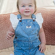 Macie is registered to the contest to win money with this photo: toddler, child, denim_overalls, blue_eyes, rosy_cheeks, kneeling, blanket, soft_texture, indoor, cute, smiling, clothing, white_shirt, baby, portrait, face, person, hair, young_child, innocence