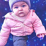 Macie joined the competition — help win amazing prizes! baby, blue_eyes, child, cozy, cute, galaxy, hat, infant, pacifier, pink_jacket, pom_poms, portrait, purple, serious_expression, sitting, space_background, stars, toddler, warm_clothing, winter_clothing