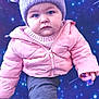 baby, blue_eyes, child, cozy, cute, galaxy, hat, infant, pacifier, pink_jacket, pom_poms, portrait, purple, serious_expression, sitting, space_background, stars, toddler, warm_clothing, winter_clothing