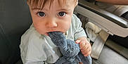 Oscar joined the competition — help win amazing prizes! baby, child, stuffed_toy, elephant_toy, seat, leather_seat, person, hand, foot, curious, indoors, casual_clothing, cute, young_child, candid, chewing, toy, infant, closeup, portrait