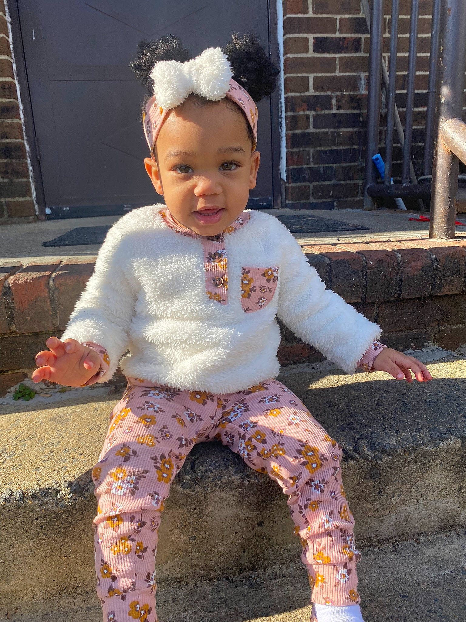 Azalea is registered to the contest to win money with this photo: active_pants, baby, baby_toddler_clothing, child, costume, denim, fun, happy, headband, leggings, pajamas, pattern, person, pink, sitting, sleeve, soil, sportswear, t_shirt, toddler