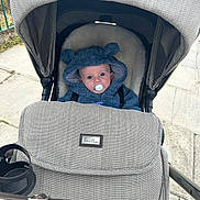 Blake is registered to the contest to win money with this photo: baby, stroller, pacifier, hoodie, blue_hoodie, baby_face, infant, outdoor, sidewalk, cute, child, baby_clothing, baby_accessories, baby_seat, canopy, fabric, person, baby_boy, baby_girl, urban