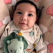 Luis joined the competition — help win amazing prizes! baby, infant, child, portrait, lying_down, plush_toy, dinosaur, stuffed_animal, blanket, bed, cozy, indoors, cute, wide_eyed, dark_hair, onesie, baby_clothing, pastel_colors, close_up, smiling