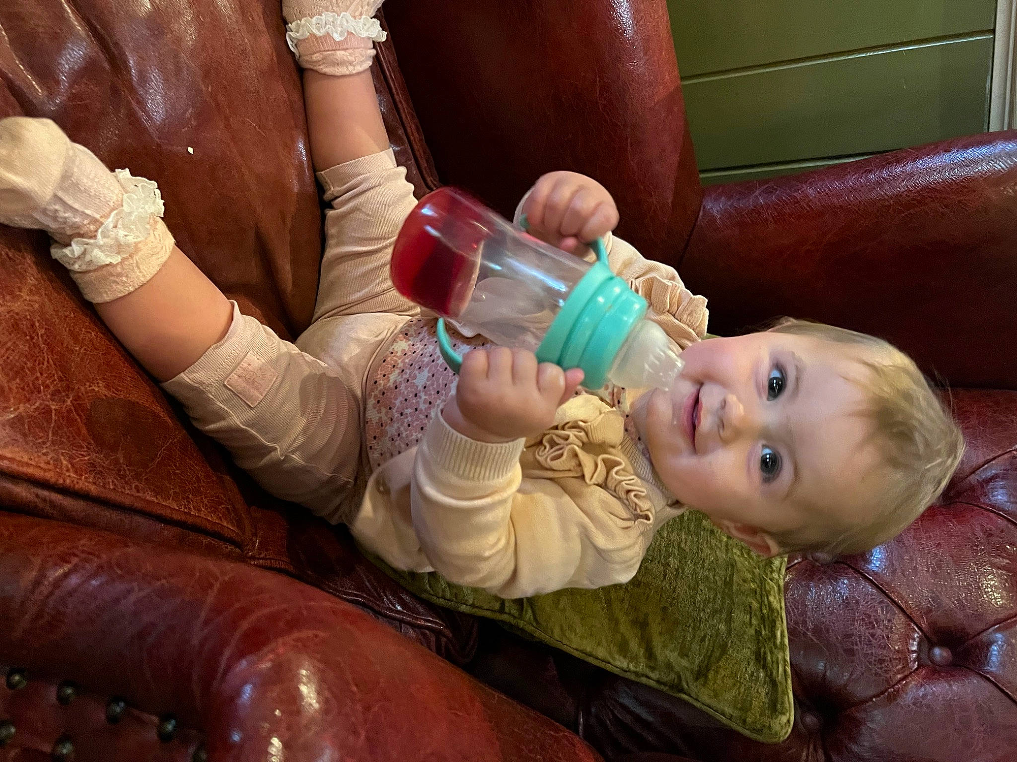 Brooke joined the competition — help win amazing prizes! baby, baby_bottle, child, comfort, drinkware, finger, gesture, hand, happy, health_care, human_body, joy, mouth, nail, person, plastic_bottle, service, skin, smile, thumb