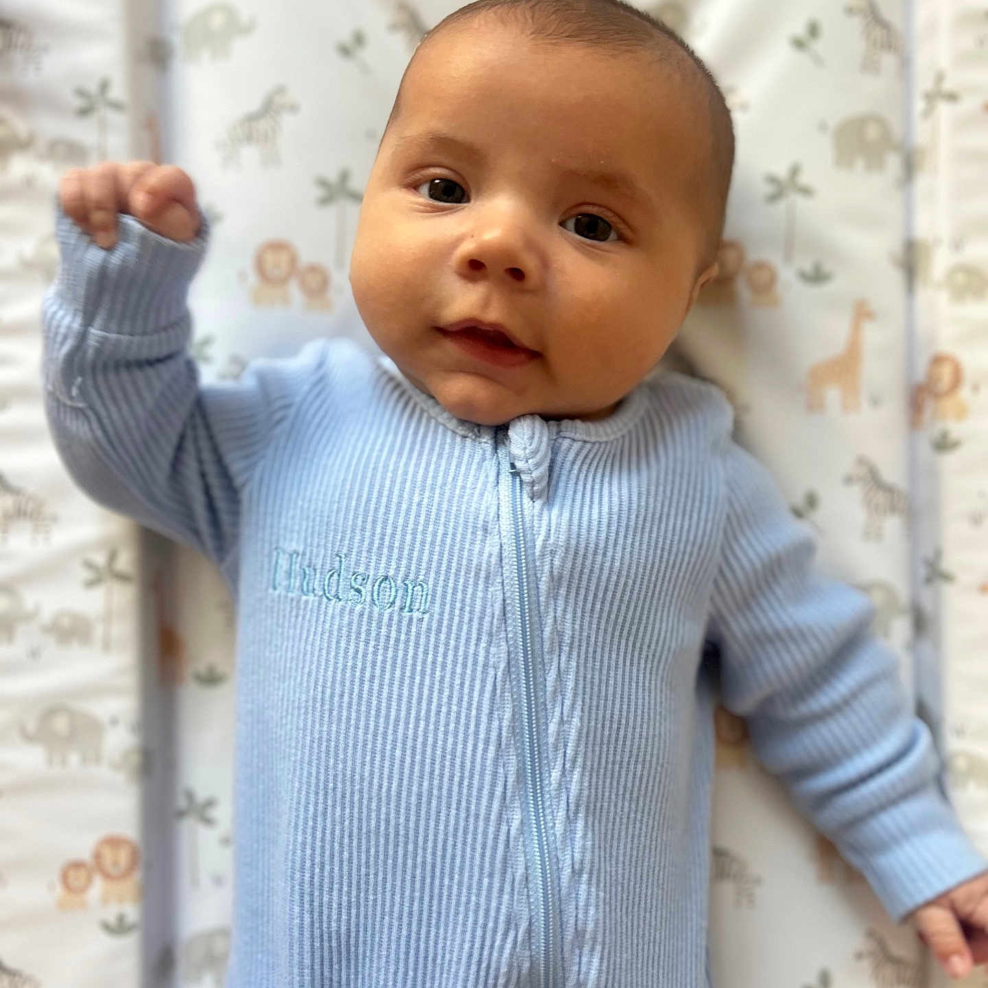 Hudson joined the competition — help win amazing prizes! animal_print, baby, blanket, blue_clothing, child, comfort, cute, expression, face, hand, indoors, infant, lying_down, onesie, portrait, skin, sleepwear, soft_texture, young, zipped_clothing