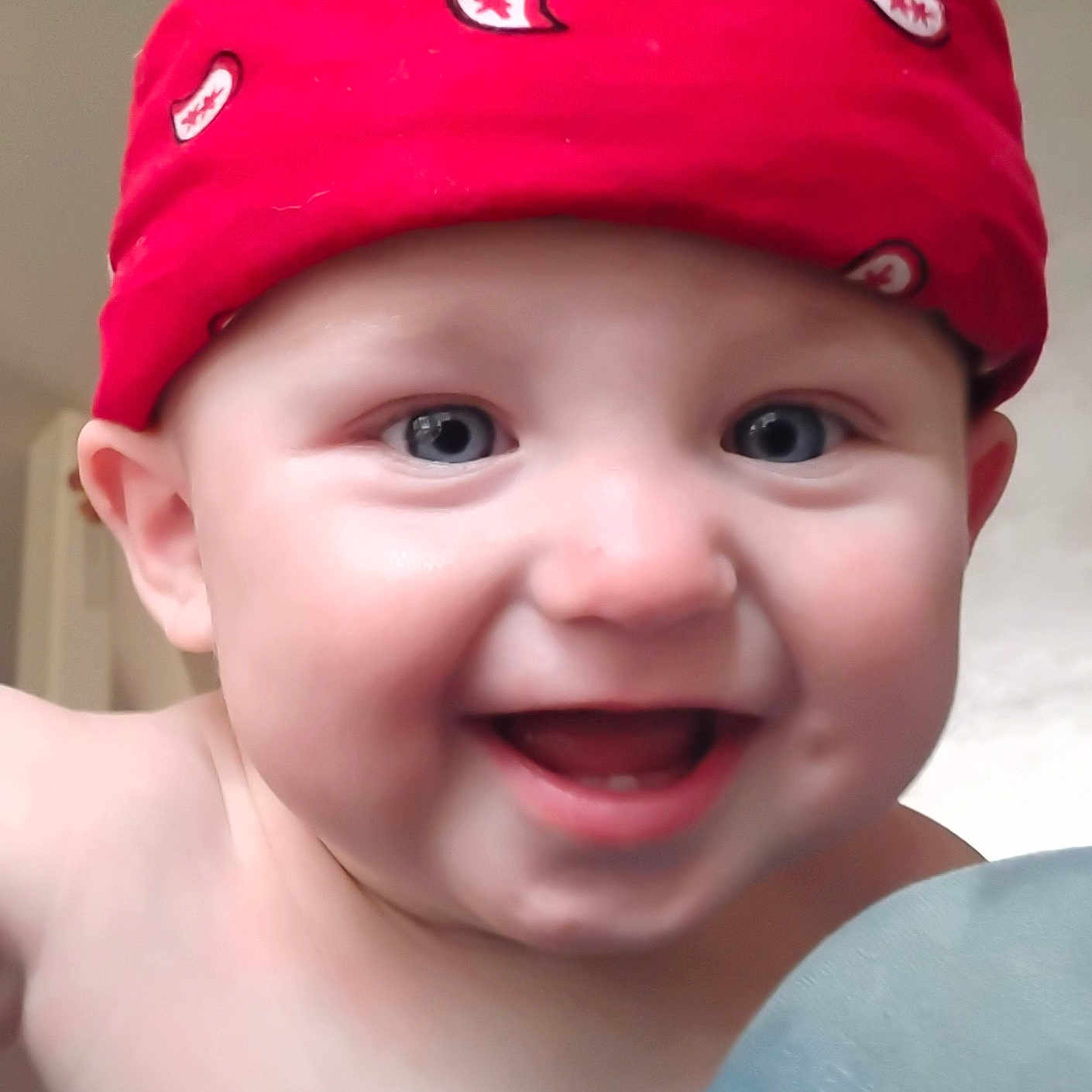 Abbygale joined the competition — help win amazing prizes! baby, baby_skin, blue_eyes, cheeks, child, close_up, cute, expression, face, happy, headwear, indoors, infant, mouth, person, portrait, red_bandana, skin, smile, teeth