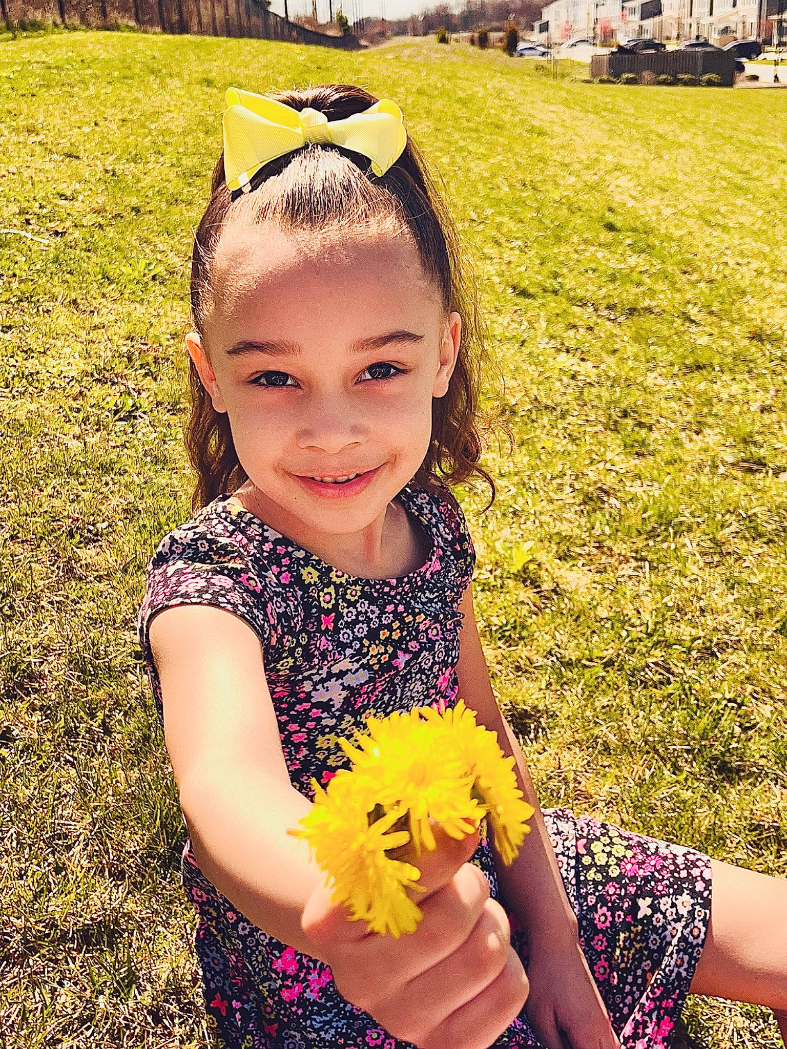 Charli is registered to the contest to win money with this photo: child, event, fashion_accessory, flower, fun, grass, grassland, green, happy, headband, headpiece, iris, joy, meadow, people_in_nature, person, petal, plant, smile, summer