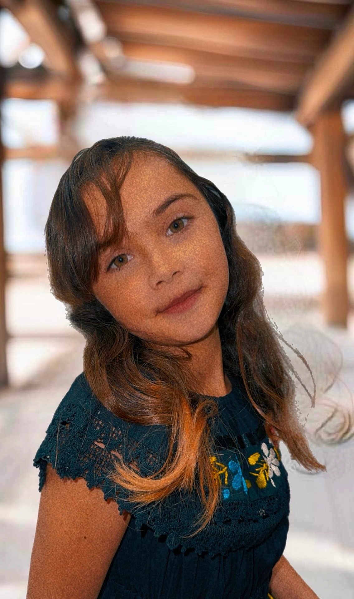 Harbor is registered to the contest to win money with this photo: child, girl, portrait, face, hair, dress, outdoor, blurred_background, young, smile, person, fashion, casual, natural_light, cute, pretty, eyes, standing, colorful, lace