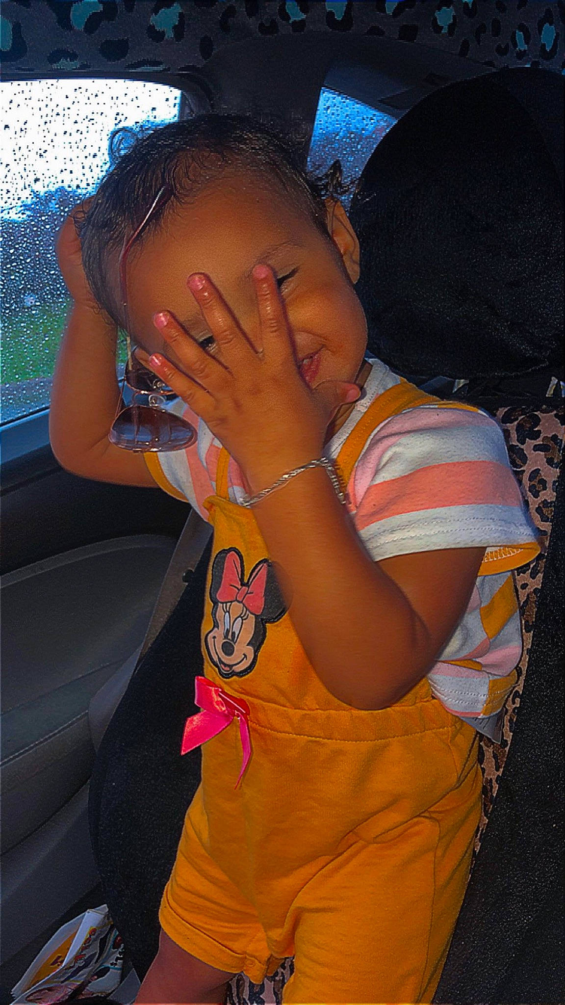 Aubrey is registered to the contest to win money with this photo: child, cool, elbow, electric_blue, eyewear, fashion_accessory, fun, gesture, happy, jewellery, leisure, mouth, nail, neck, person, sleeve, t_shirt, thumb, toddler, vehicle_door