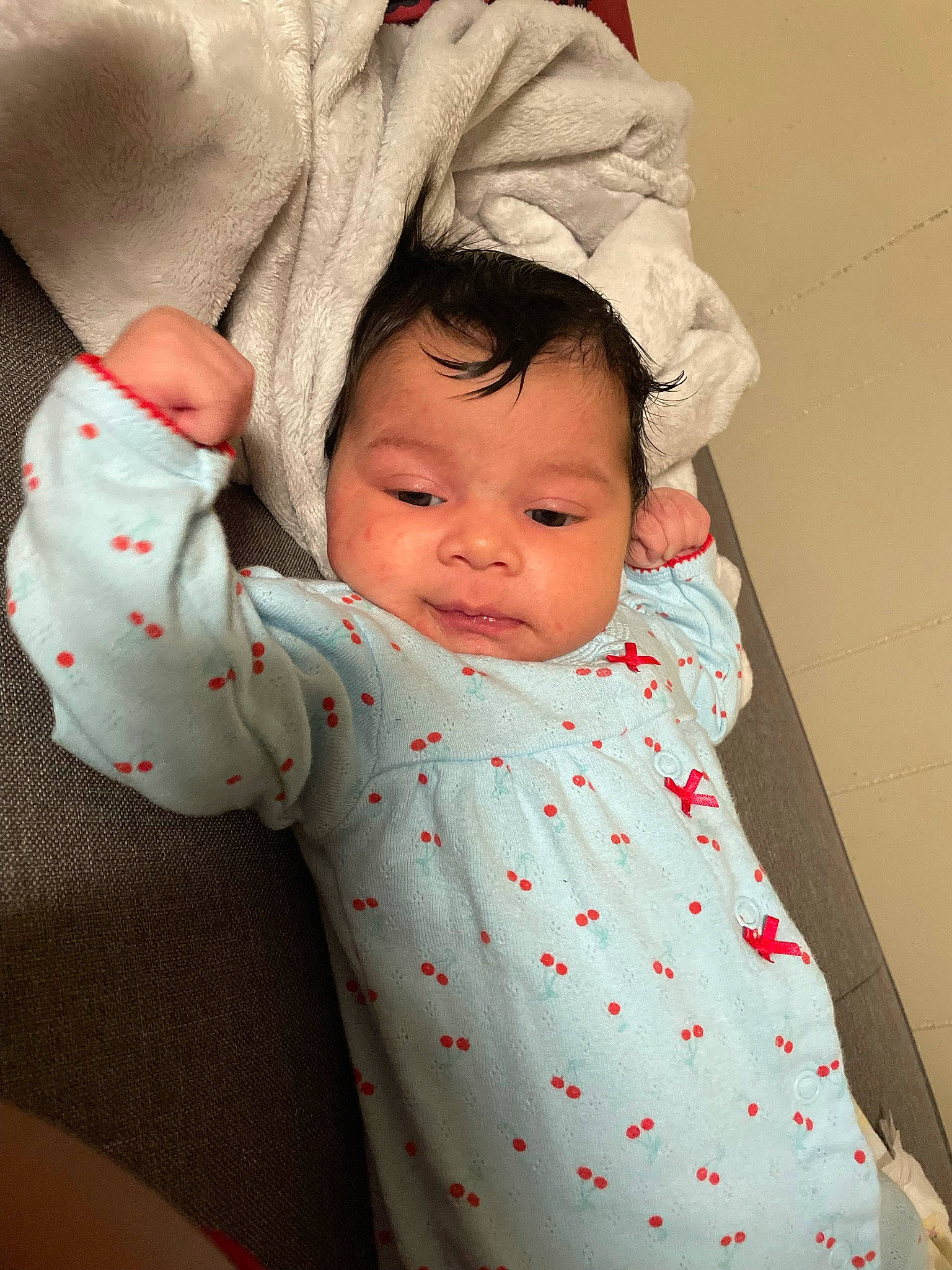 Azariah joined the competition — help win amazing prizes! arm, baby, baby_toddler_clothing, cheek, chin, comfort, eye, face, finger, gesture, hand, head, human_body, lip, mouth, nose, outerwear, person, skin, sleeve