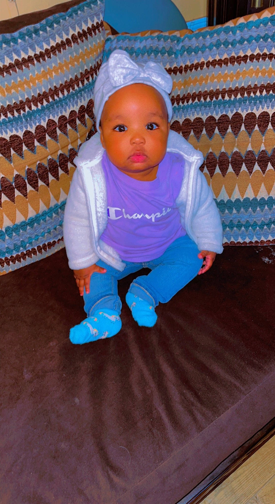 Londynn joined the competition — help win amazing prizes! baby, baby_products, baby_toddler_clothing, cap, child, curtain, electric_blue, face, floor, flooring, fun, leisure, magenta, pattern, person, room, sitting, sleeve, t_shirt, toddler