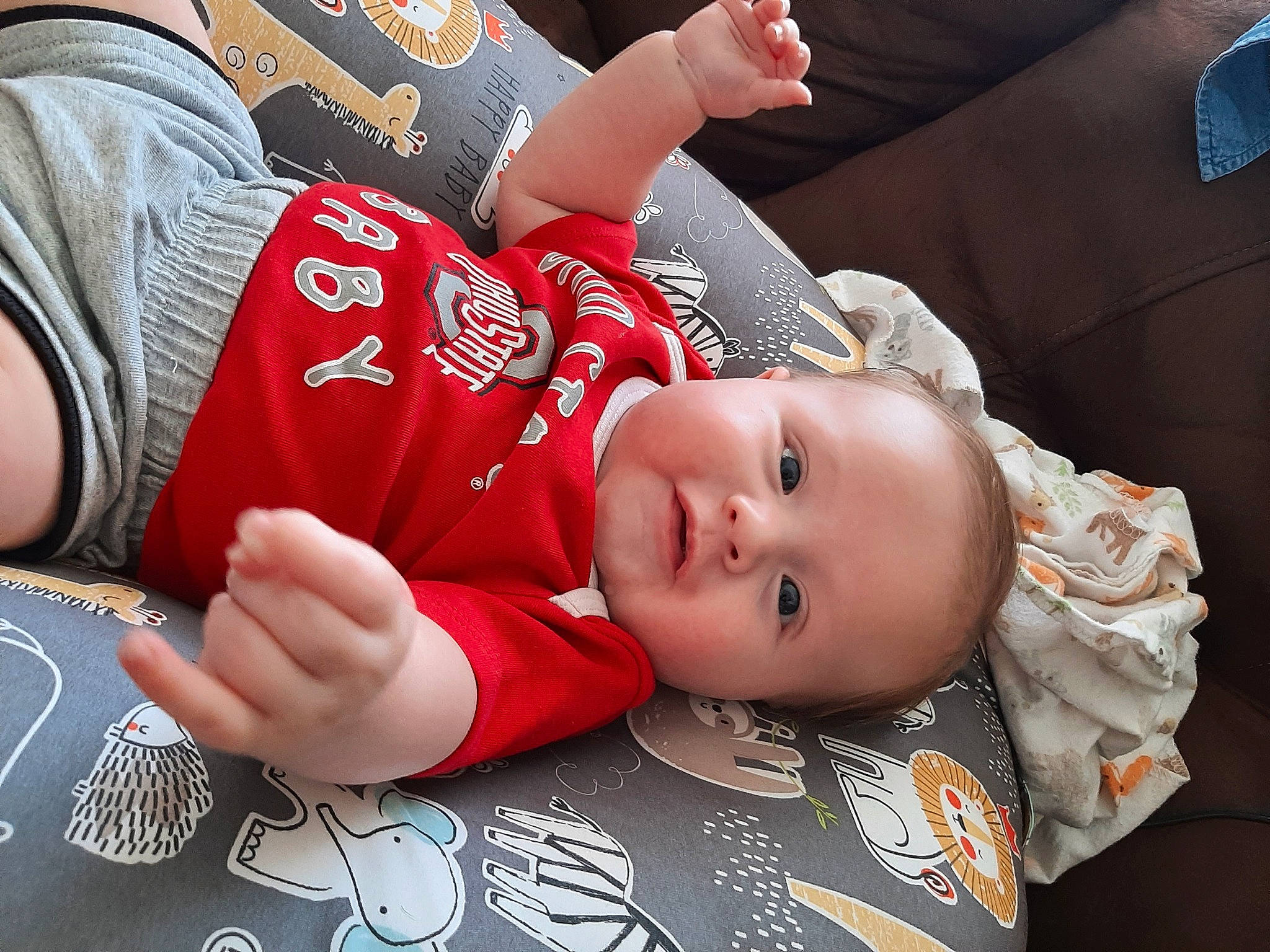 Graham joined the competition — help win amazing prizes! arm, baby, baby_toddler_clothing, carmine, child, elbow, fun, gesture, hand, happy, hat, pattern, person, room, sitting, sportswear, t_shirt, thigh, toddler, tradition