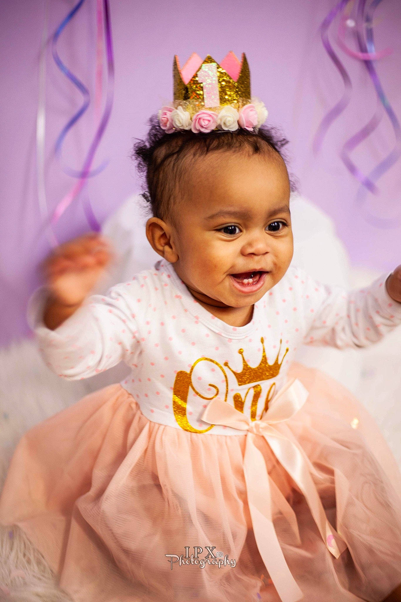 Arayah joined the competition — help win amazing prizes! baby, baby_toddler_clothing, child, child_model, costume, costume_accessory, dress, embellishment, hair_accessory, happy, headgear, headpiece, lavender, party, party_hat, party_supply, person, pink, purple, toddler