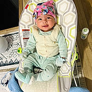 Vedanya Jain is registered to the contest to win money with this photo: baby, baby_rocker, blanket, bottle, child, clothing, colorful, cozy, cute, footwear, happy, headwrap, indoor, infant, mittens, patterned, portrait, seated, smiling, wooden_floor