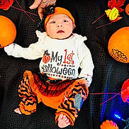 Vedanya Jain is registered to the contest to win money with this photo: baby, infant, halloween, pumpkin, orange, black, headband, tutu, leaves, hand, blanket, lights, holiday, festive, cute, clothing, foot, smiling, person, celebration