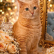 Snow participe au concours pour gagner de l'argent avec cette photo : bokeh_lights, cat, closeup, cute, decor, elegant, feline, flower_arrangement, fluffy_rug, golden_frame, green_eyes, indoor, luxury, orange_tabby, ornate, pearl_necklace, portrait, rose_flowers, soft_lighting, still_life