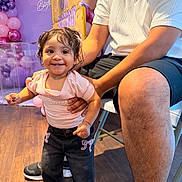 Amanda is registered to the contest to win money with this photo: toddler, child, adult, birthday, celebration, balloons, party, indoor, floor, clothing, smile, person, jeans, sneakers, hand, chair, banner, happy, hair, skin