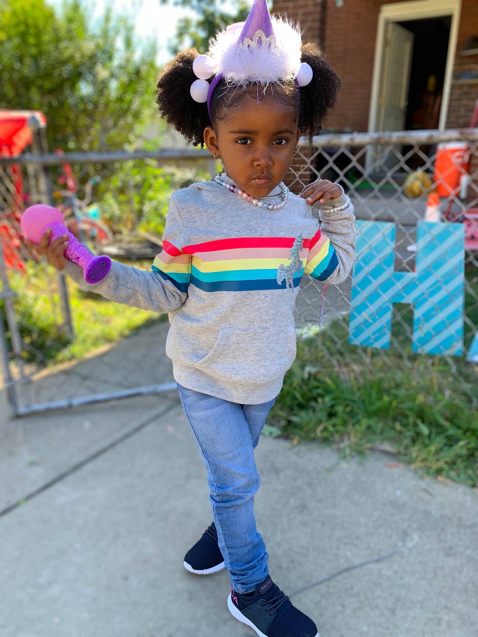 Ma Leah joined the competition — help win amazing prizes! baby_toddler_clothing, costume, denim, electric_blue, fashion_accessory, fun, grass, hair, happy, leisure, magenta, person, pink, plant, recreation, sleeve, sneakers, spring, street_fashion, textile