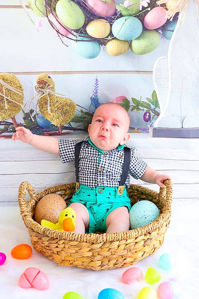 Robby joined the competition — help win amazing prizes! baby, basket, child, easter, easter_bunny, easter_egg, food, holiday, person, play, toddler, wicker