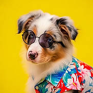Equinox joined the competition — help win amazing prizes! animal, blue_eyes, close_up, clothing, colorful, cute, dog, fashion, fluffy, funny, hawaiian_shirt, pet, portrait, puppy, studio, summer, sunglasses, tricolor, tropical, yellow_background