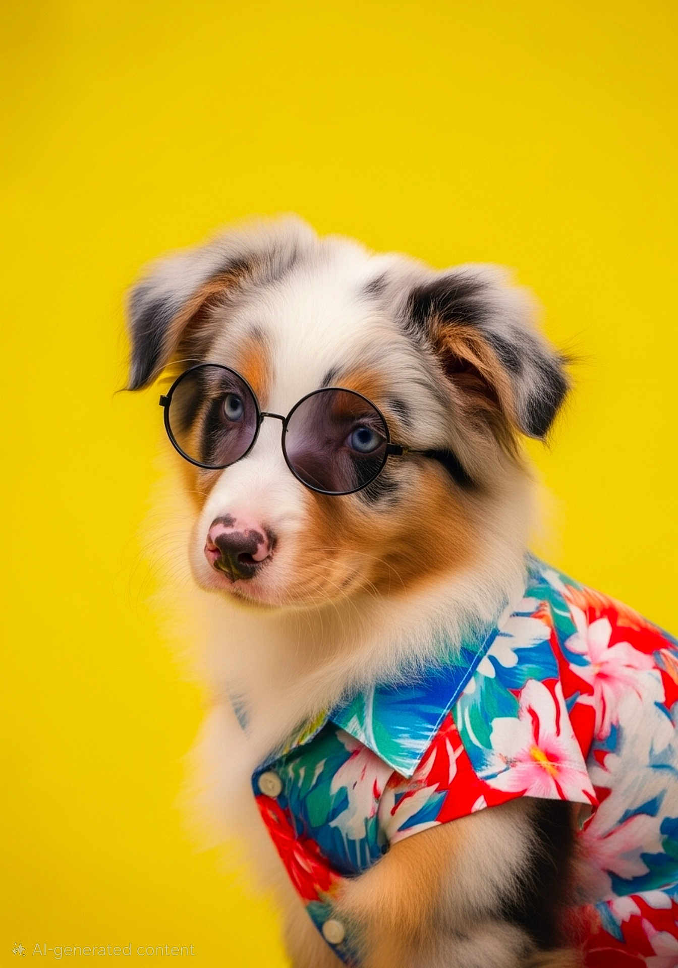 Equinox joined the competition — help win amazing prizes! animal, blue_eyes, close_up, clothing, colorful, cute, dog, fashion, fluffy, funny, hawaiian_shirt, pet, portrait, puppy, studio, summer, sunglasses, tricolor, tropical, yellow_background