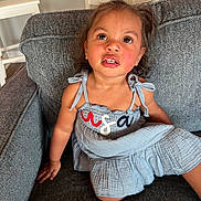 Zaylee is registered to the contest to win money with this photo: child, toddler, dress, couch, indoor, furniture, person, sitting, curly_hair, looking_up, expression, skin, smile, young_child, home, casual, cute, portrait, young_person, seated