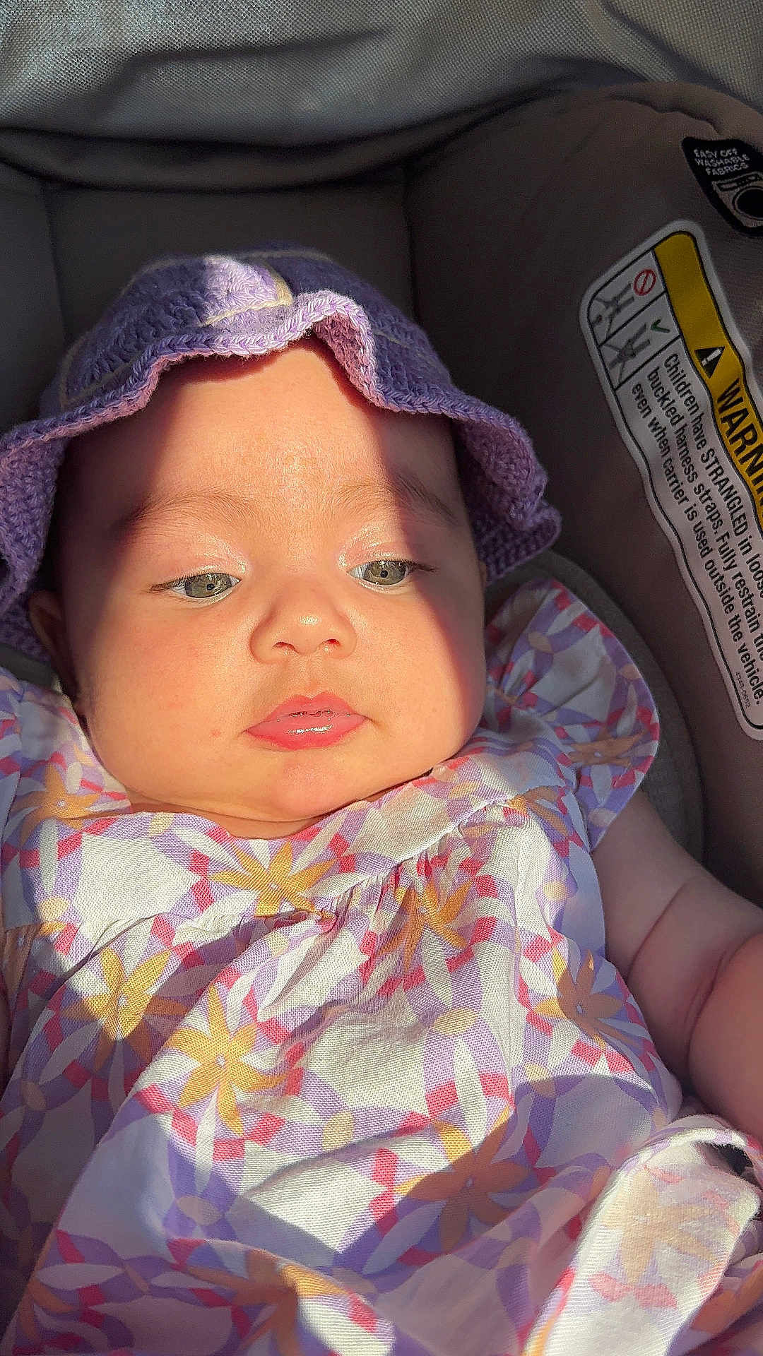 Chloe is registered to the contest to win money with this photo: baby, infant, child, car_seat, purple_hat, floral_dress, sunlight, face, portrait, closeup, cute, soft_skin, warning_label, seatbelt, summer_clothing, outdoor_light, expressionless, headwear, seat, child_safety