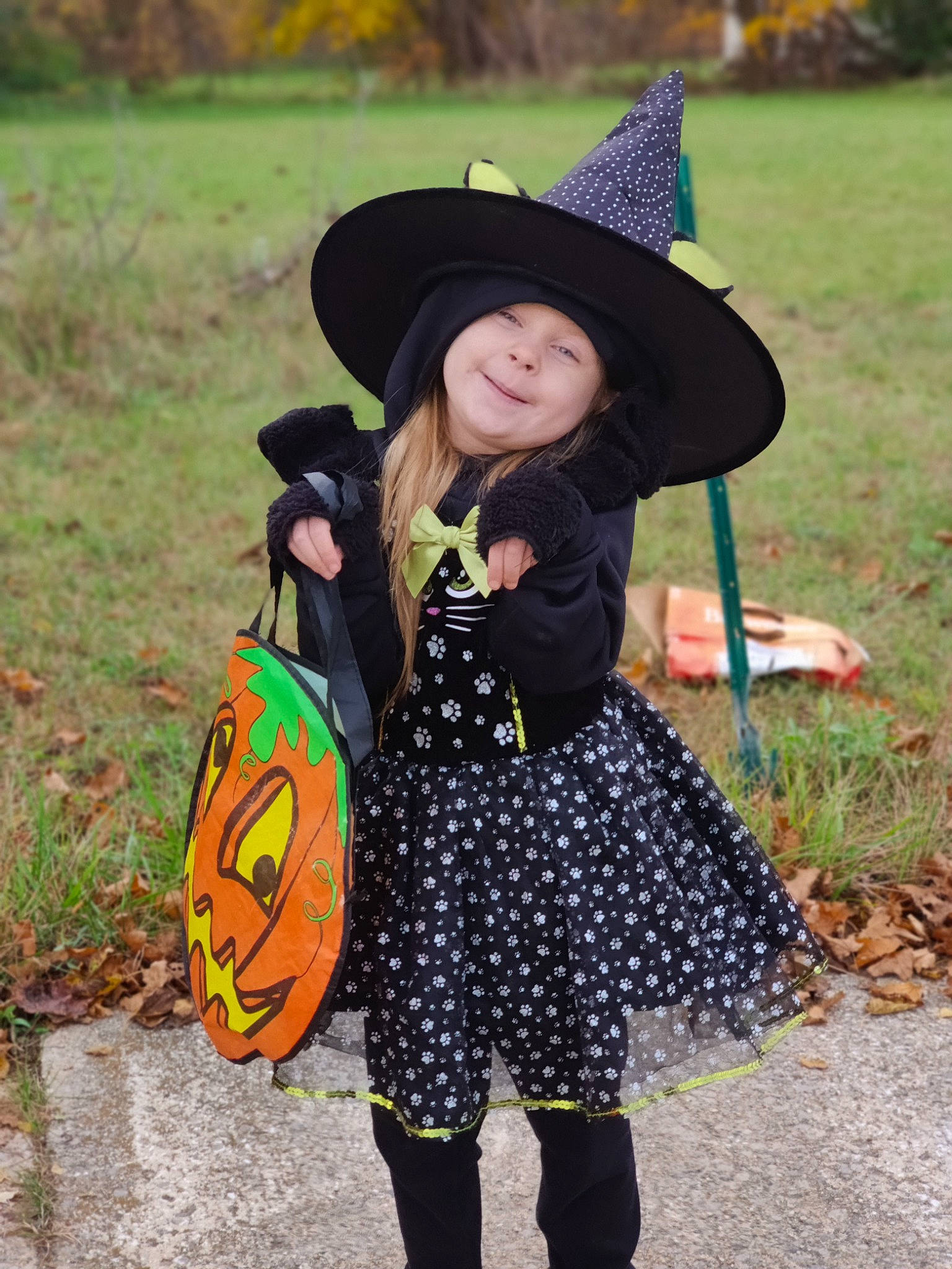 Lillith is registered to the contest to win money with this photo: bag, calabaza, costume_hat, fashion_accessory, grass, happy, hat, headgear, headwear, joy, leaf, orange, outerwear, pattern, people_in_nature, person, plant, pumpkin, sleeve, smile
