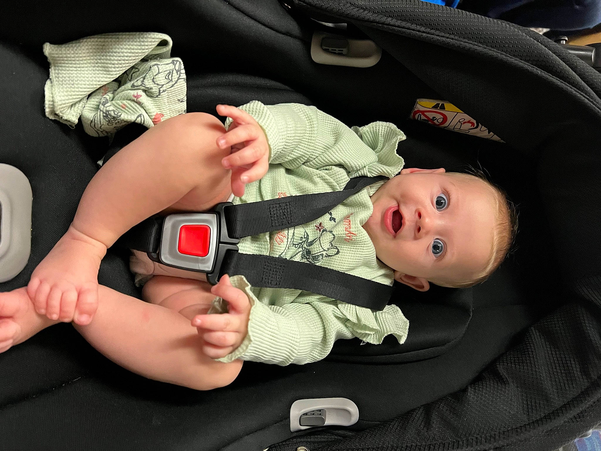 Eliza joined the competition — help win amazing prizes! auto_part, baby, baby_carriage, baby_in_car_seat, baby_products, baby_toddler_clothing, car_seat, child, comfort, facial_expression, finger, gesture, mouth, nail, person, skin, smile, surprise, thumb, toddler