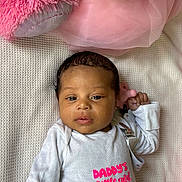 Zymirah joined the competition — help win amazing prizes! baby, infant, onesie, text, pink, plush_toy, blanket, tulle, fabric, lying_down, face, cute, child, newborn, clothing, soft_toy, portrait, skin, hand, sleepwear